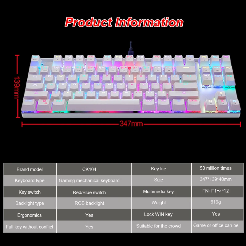 Original Motospeed CK101 RGB Mechanical Keyboard 87 USB Wired Anti-Ghosting Mix LED Backlit Gaming Keyboard For Computer Gamer