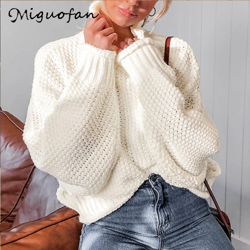 Miguofan, Зимний вязаный свитер с воротником,, женские пуловеры, повседневные оранжевые свитера, свободные женские джемперы