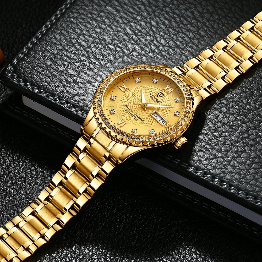 Relogio Masculino роскошные золотые мужские часы с циферблатом нержавеющая сталь Автоматические часы для мужчин светящиеся механические часы Tevise для мужчин s