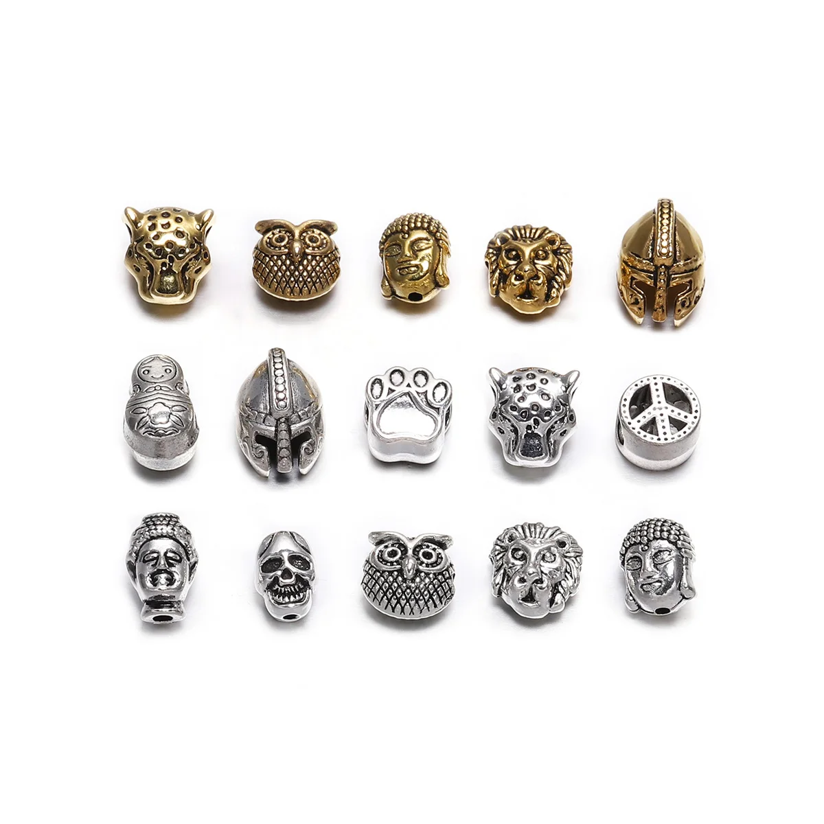 

10pcs/lot Gold Silver Charm Beads Buddha Sparta leopard Lion Heads Spacer Beads Supplies For Jewelry Finding Making DIY Bracelet