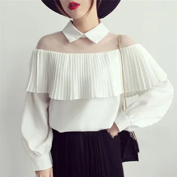 

Fashion Women's Blouse Summer Long Sleeve Lady Shirt Frilly Ruffle Lace Chiffon Shirts Half Transparent Blouse Loose Tops Shirt