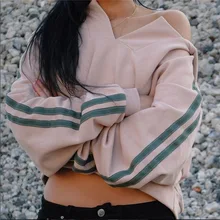 COLORVALUE, женский свитер с открытыми плечами, полосатый контрастный пуловер, большой размер, спортивный свитер, Спортивная толстовка с капюшоном, укороченные топы для тренировок