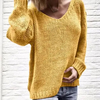 

V Neck Solid Women Sweaters Pullovers Loose Knitted Autumn Winter Clothing Casual Pullovers Plus Size Pull