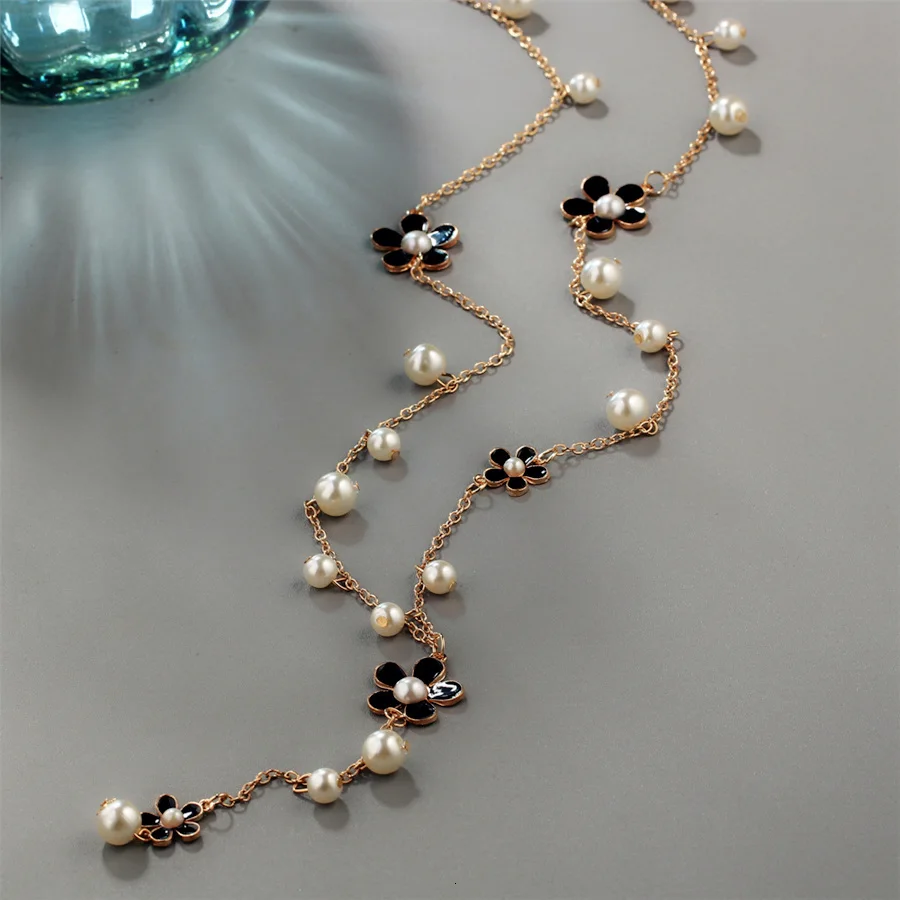 RAVIMOUR длинное ожерелье с цветком для женщин, модное ювелирное изделие из искусственного жемчуга, ожерелье с кисточками и подвесками, Bijoux Femme Perle