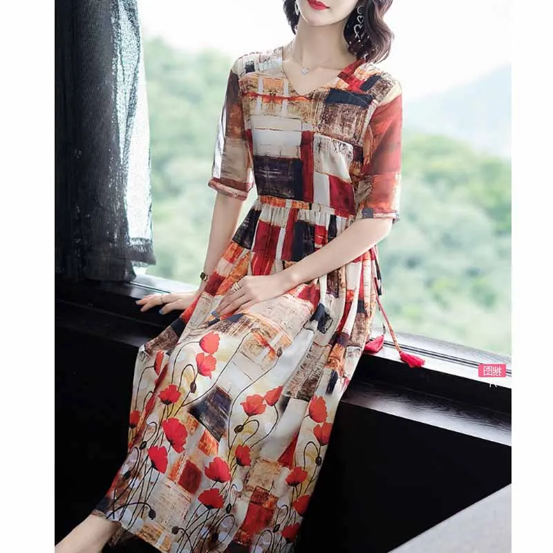 

Important Silk Dress Women's Summer 2019 New Style Fashion Sense of Design Waist Hugging Printed Mulberry Silk Long Skirts-