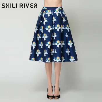 

2020 spring autumn designer elegant skirt for women slim casual print flower floral retro knee length blue pleated swing skirts