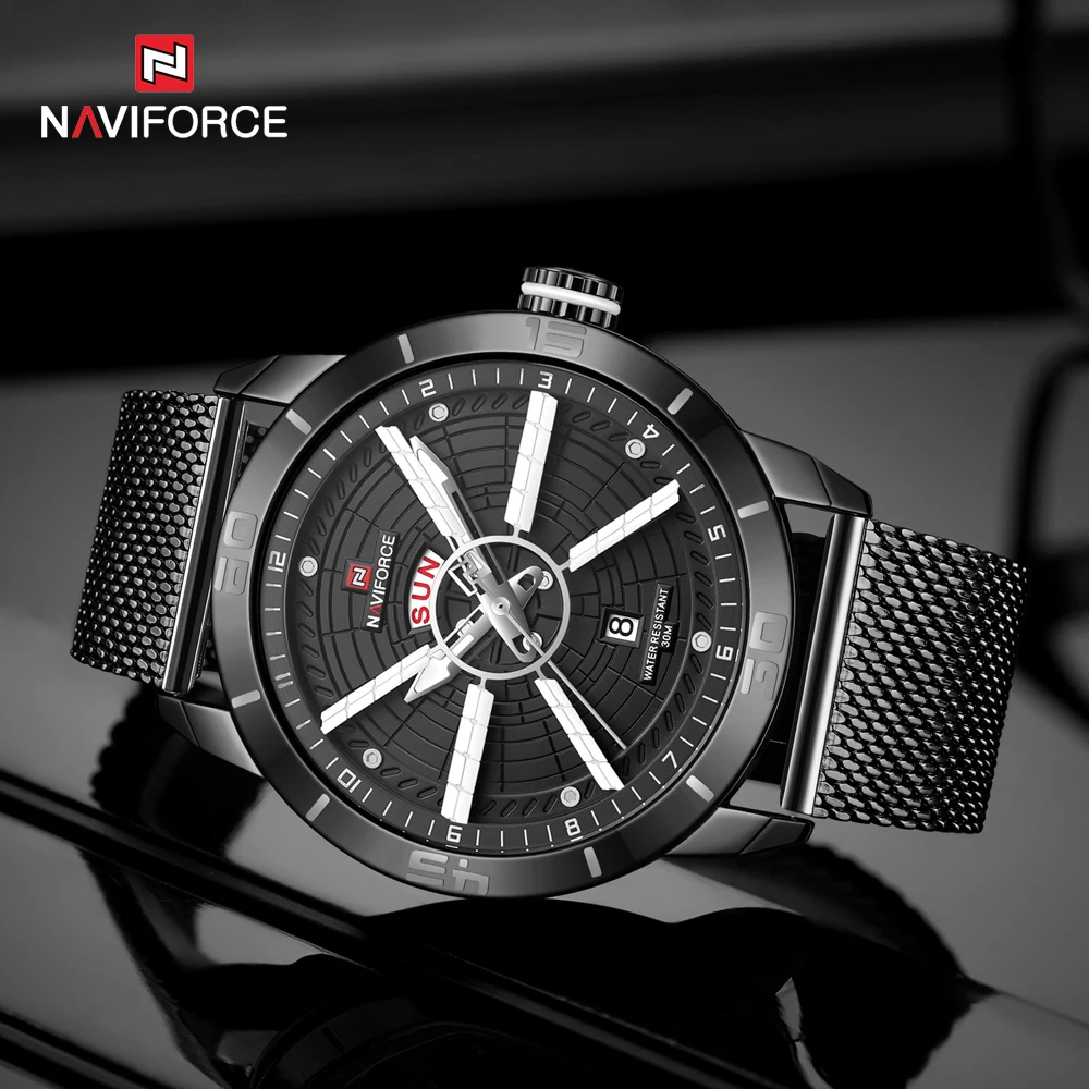 NAVIFORCE Мужские кварцевые часы мужские часы водонепроницаемые Роскошные брендовые наручные часы черные сетчатые стальные часы с днями недели Relogio Masculino