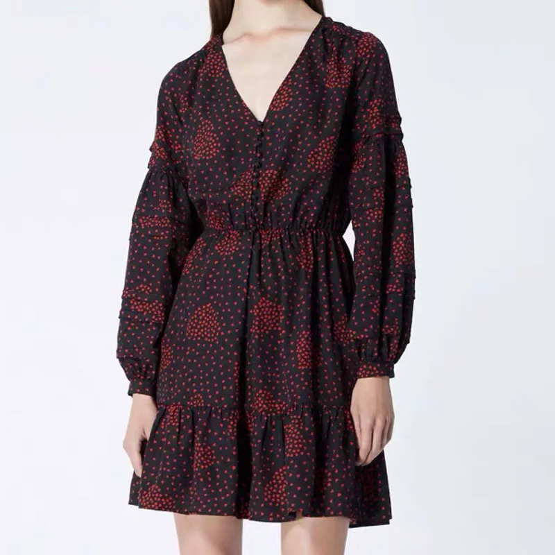 Женское мини платье с V образным вырезом и длинным рукавом|Платья| |