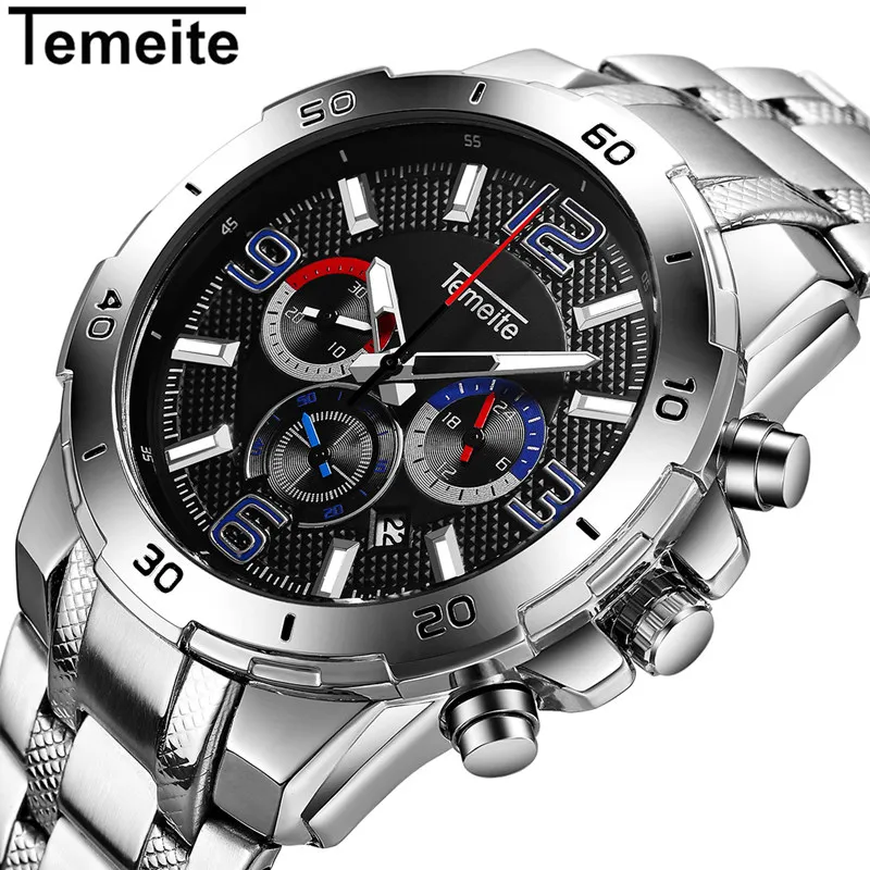 

Temeite New Mens Watches Luxury Stainless Steel Quartz Watches Sport Watches For Men Waterproof Men Wristwatch Chronograph Clock