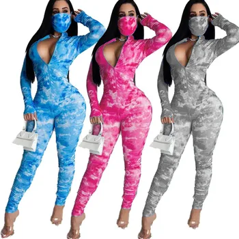 

2020 Summer Women's Jumpsuit European and American Hot Style Model Zip Long Sleeves bodysuit with Mask