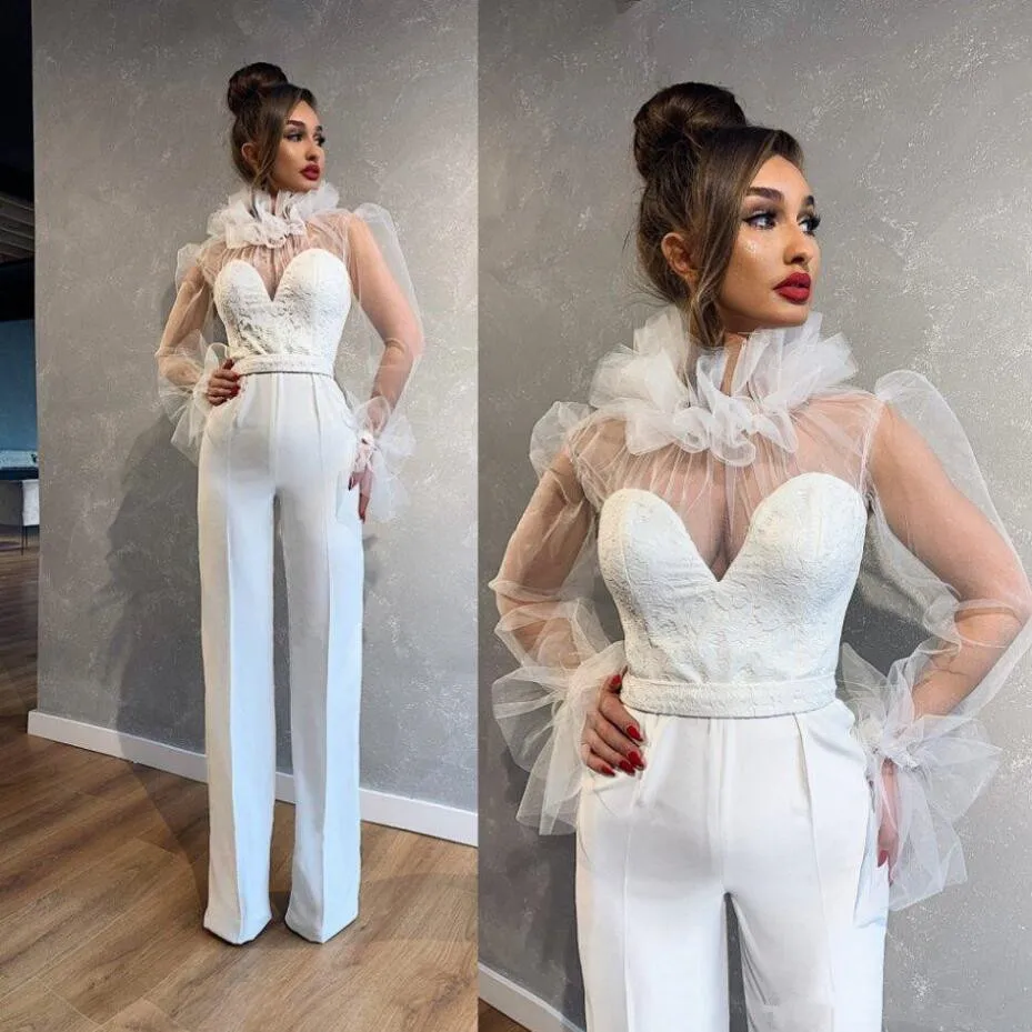 white lace high neck long sleeve jumpsuit