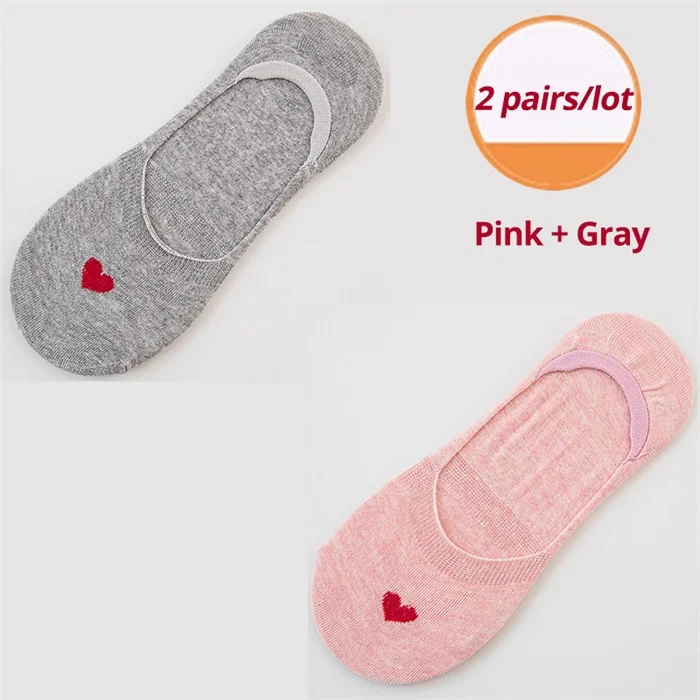 gray and pink CXZD женские невидимые хлопковые носки 2 пары Kawaii милые носки без шоу Нескользящие Лоферы лайнер с низким вырезом красное сердце шаблон мягкие дышащие - Цвет: gray and pink