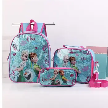 

Hot Cartoon Elsa Anna Princess School Bag With Lunch Pencil Case Set 3 for Kids Kindergarten Preschool School Toddler Bags