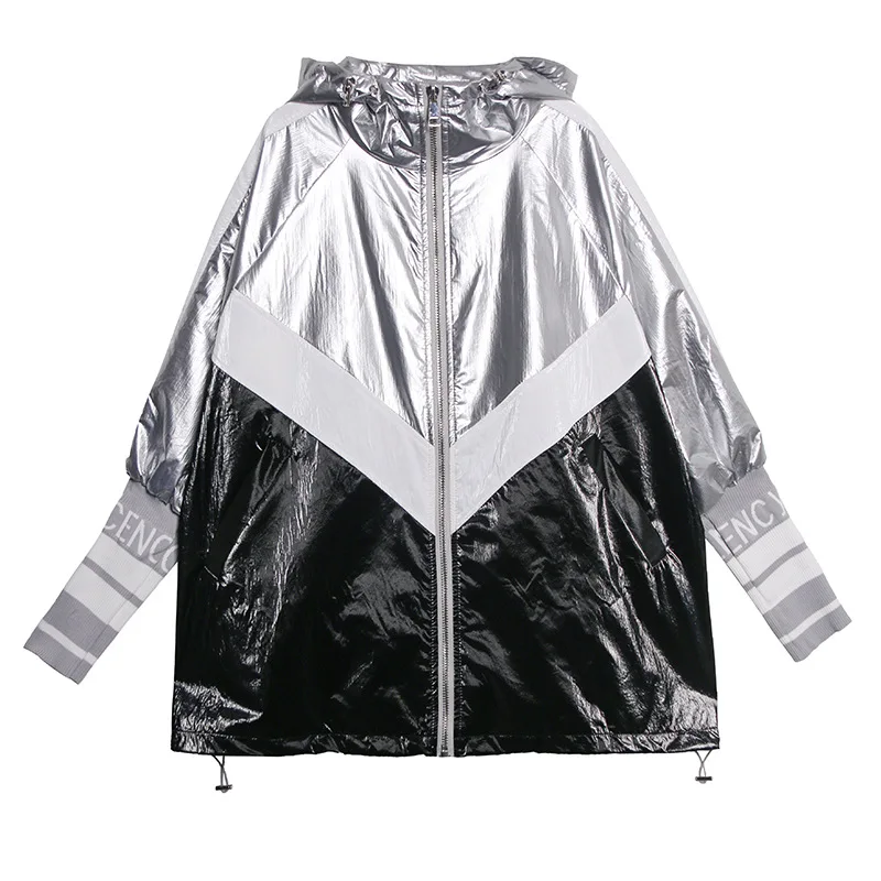 

Glossy Silver Jacket Coat Women Spring Autumn 2020 Hooded Stylish Colour Block Outwear Metallic Knit Bunch Cuff Pockets Loose