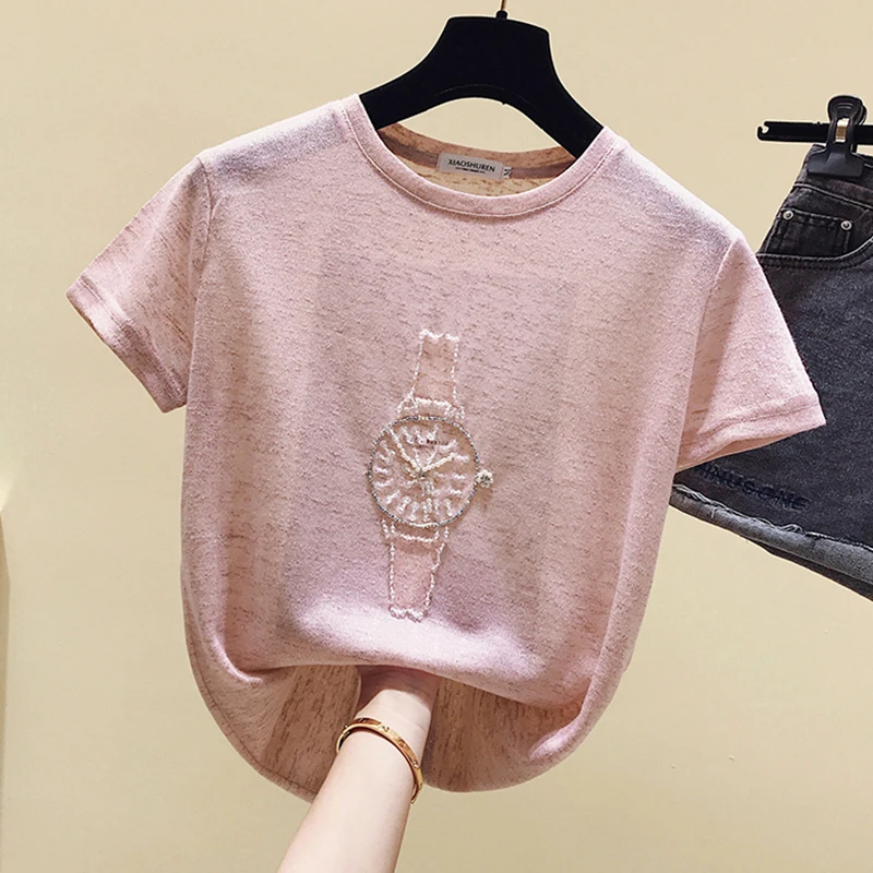 

Shintimes Sequins Beaded T Shirt Women T-Shirt Summer Womens Tops 2020 Short Sleeve Woman Tshirt Korean Clothes Tee Shirt Femme