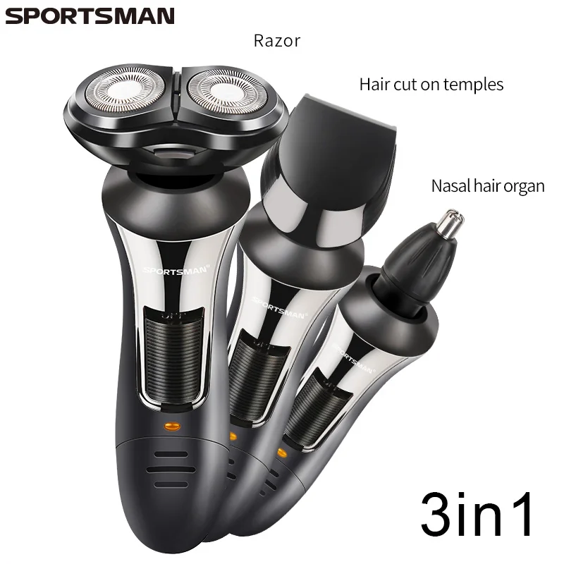SPORTSMAN 3 In 1 Men Electric Shavers Triple Razor Multifunction Waterproof Nose Hair Trimmer Shaved Hair Head Rechargeable