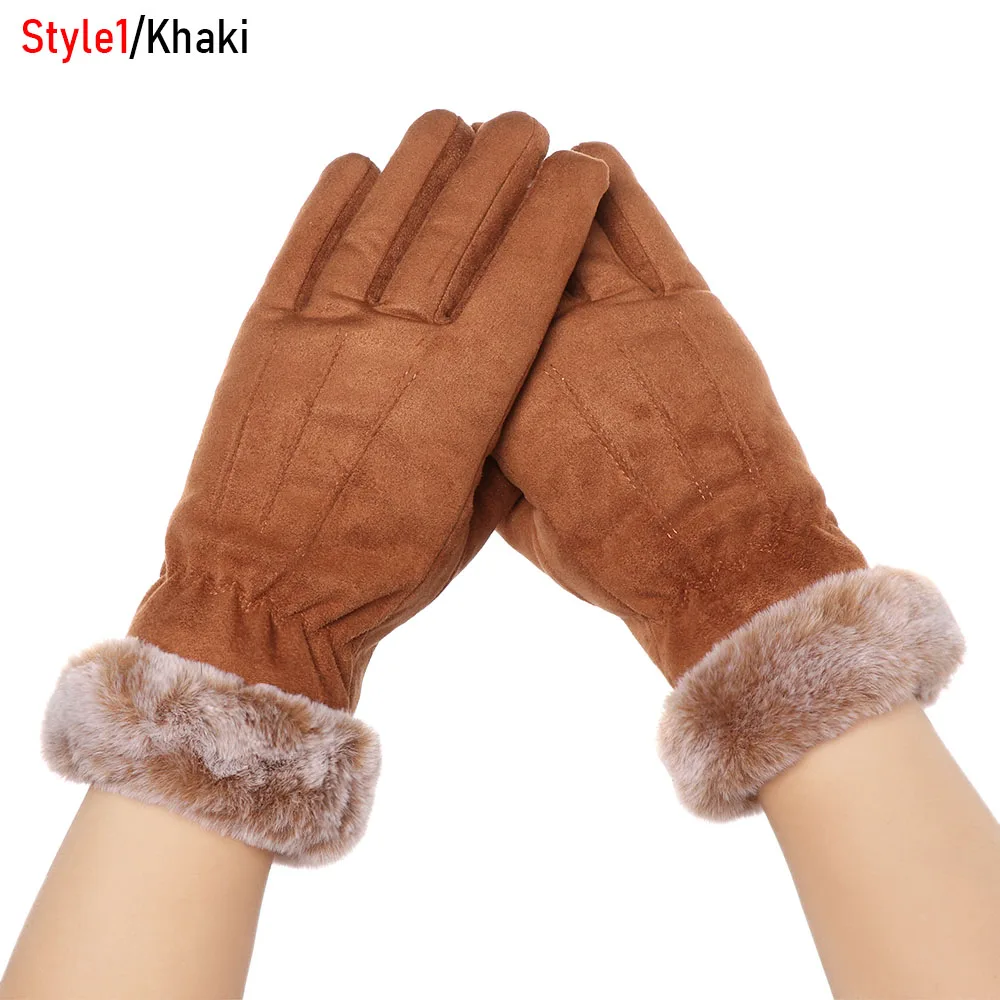 1 пара, Зимние перчатки для сенсорного экрана для женщин, сохраняющие тепло, милые пушистые толстые перчатки, перчатки для занятий спортом на открытом воздухе - Цвет: style1-khaki
