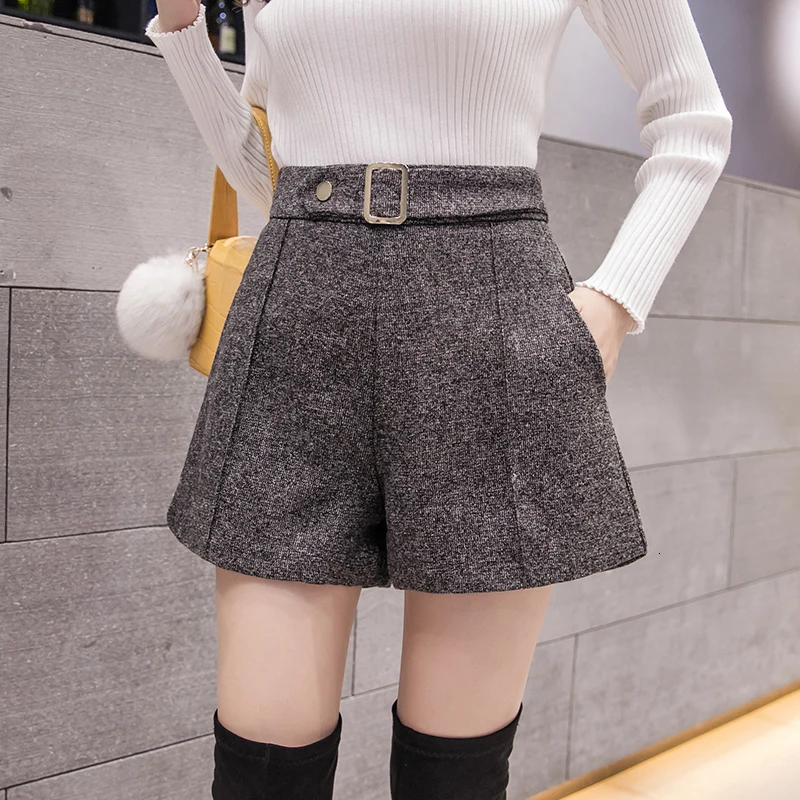 Модные плотные теплые шорты для женщин осень зима широкие тонкие металлические пряжки Высокая талия женские шерстяные шорты женские офисные шорты