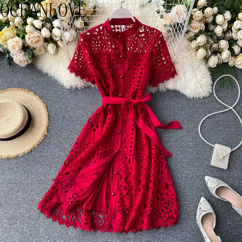 OCEANLOVE Solid Lace Evening Party Dress Solid Bandage Hollow Out Sexy Fashion Women Dress Bow High Waist Summer Dresses 16647 OCEANLOVE Solid Lace Evening Party Dress Solid Bandage Hollow Out Sexy Fashion Women Dress Bow High Waist Summer Dresses 16647
