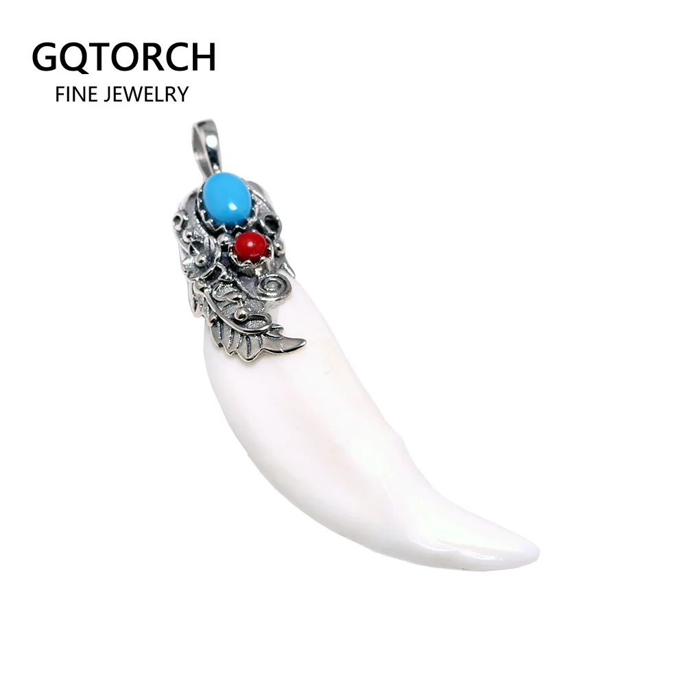 Handmade Real Wolf Tooth Amulet Pendants Pure Solid 925 Sterling Silver Flowers Inlaid Natural Stone Vintage Ethnic Jewelry | Украшения и