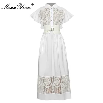 

MoaaYina Fashion Designer dress Summer Women's Dress turn-down collar Butterfly Sleeve Single-breasted Lace belt Dresses