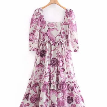 

2020 Autumn New Retro Print Square Collar Temperament Floral Puff Sleeve Ruffled Hem Ladies Dress