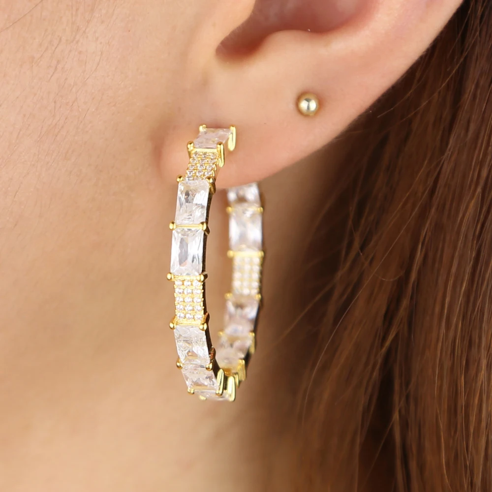 geometric square baguette cz pastel colorful huggie hoop earring stunning trendy women jewelry