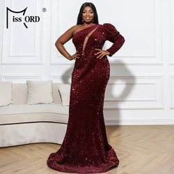 Missord Elegant Red Sequin Plus Size Evening Dress Women One Shoulder Long Sleeve Bodycon Maxi Mermaid Party Dresses Prom Gown