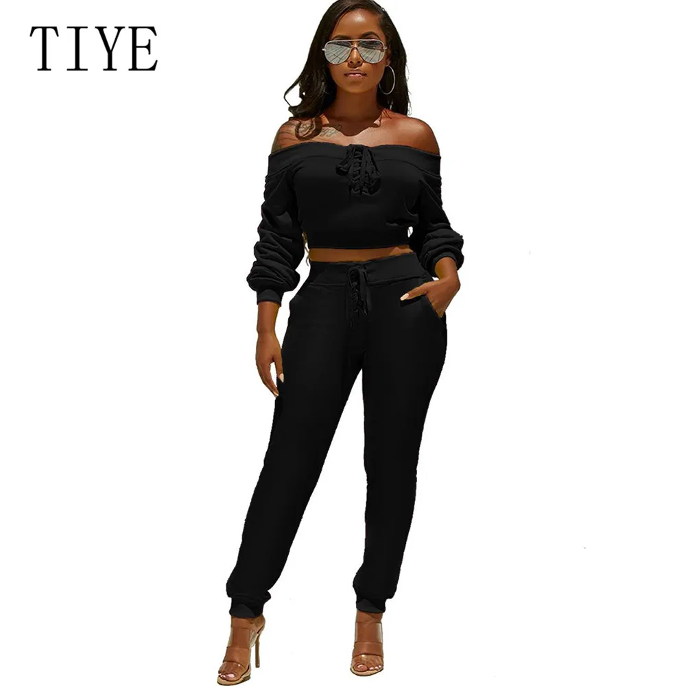 

TIYE Women Retro Clothes Autumn Sexy Off Shoulder Long Sleeve Lace-up Jumpsuits Femme Two Pieces Sets Bodycon Bandage Playsuits