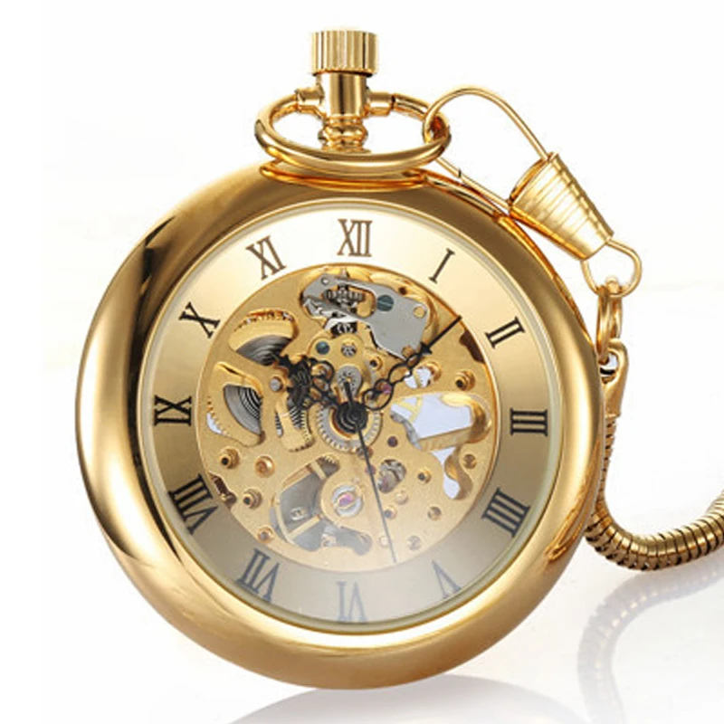

Luxury Gold Skeleton Mechanical Pocket Watch Roman Numerals Antique Hand Winding FOB Chain Men Women Golden Chain Watches Gifts