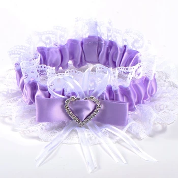

Garter purple lace wedding accessory lucky bride Bow rhinestone heart elastic tape #68