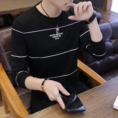 

2020spring two-color stitching long-sleeved t-shirt round neck embroidery