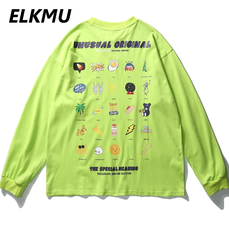 

ELKMU Streetwear Tshirts Men Cartoon Print Long Sleeve Tops Tees Loose Hiphop Fashion Harajuku T-shirts Cotton Male Green HE019
