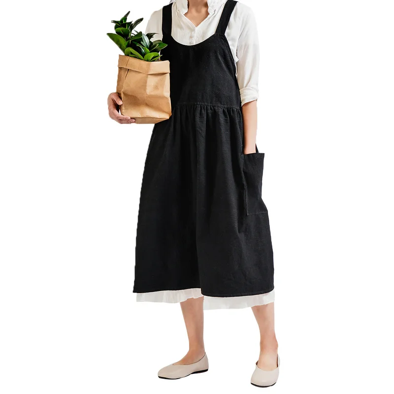 Women's Cotton Linen Bib Apron Sleeveless Pinafore Home Cooking Florist Dress 