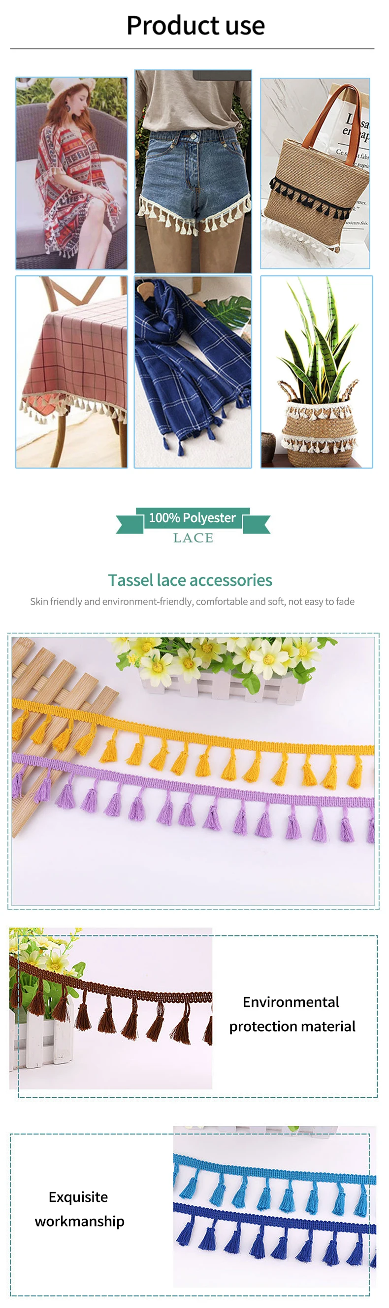 Description Picture 4 of item2/5/10Yards DIY Polyester Cotton Fringe Lace Tassel Trimming Colorful Ribbon Garment Sewing Dress Accessory Curtain Decorative