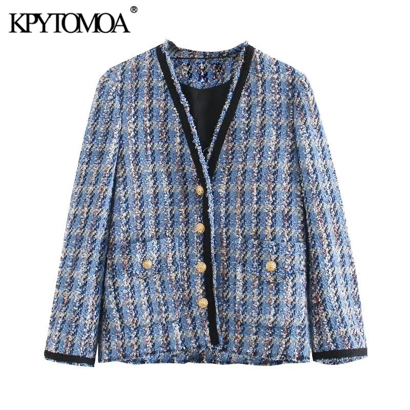 

KPYTOMOA Women 2020 Fashion Pockets Frayed Trims Tweed Jacket Coat Vintage V Neck Long Sleeve Female Outerwear Chic Tops