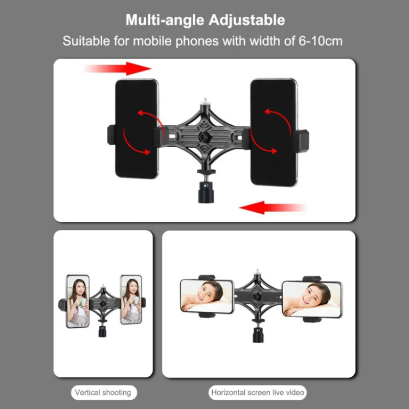 Светодиодный кольцевой светильник для двух сотовых телефонов, набор штатива с регулируемой высотой, двухцветный светильник для фотостудии с 2 держателями для телефона