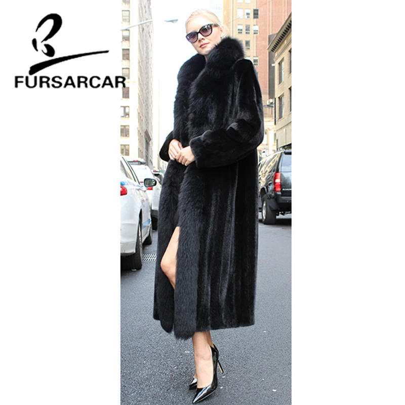 FURSARCAR 2018 Новый реального норки пальто Для женщин с длинными Лисий меховой воротник роскошный черный длинная куртка зима натуральный мех