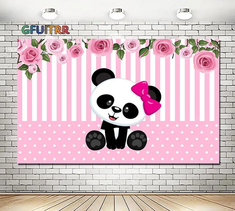 GFUITRR Baby Panda Photography Backdrop Shower Kids 1st Birthday Party Photo Background Pink Floral Vinyl Booth Props | Электроника