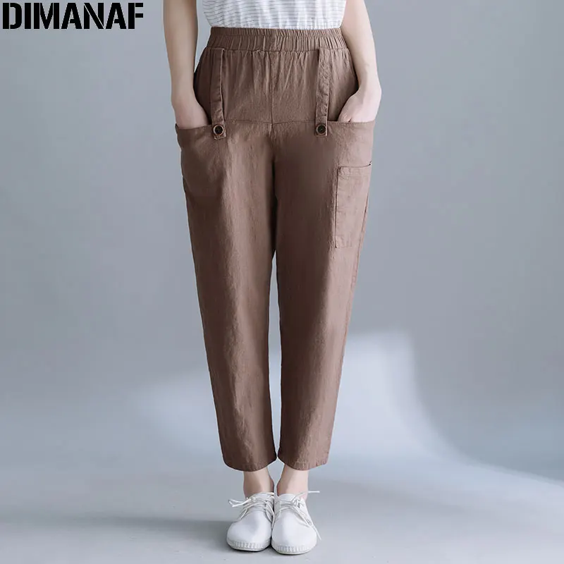 DIMANAF 2020 Oversize Women Pants Summer Linen Harem Belt Solid Elastic Waist Female Lady Cotton Loose Trousers Pantalon | Женская