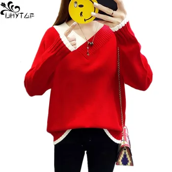 

UHYTGF Winter Knitted Women Plus size Sweaters And V-Neck Long Sleeve Pullover Sweet Sueter Mujer Tops Casual Korean Jumper X615