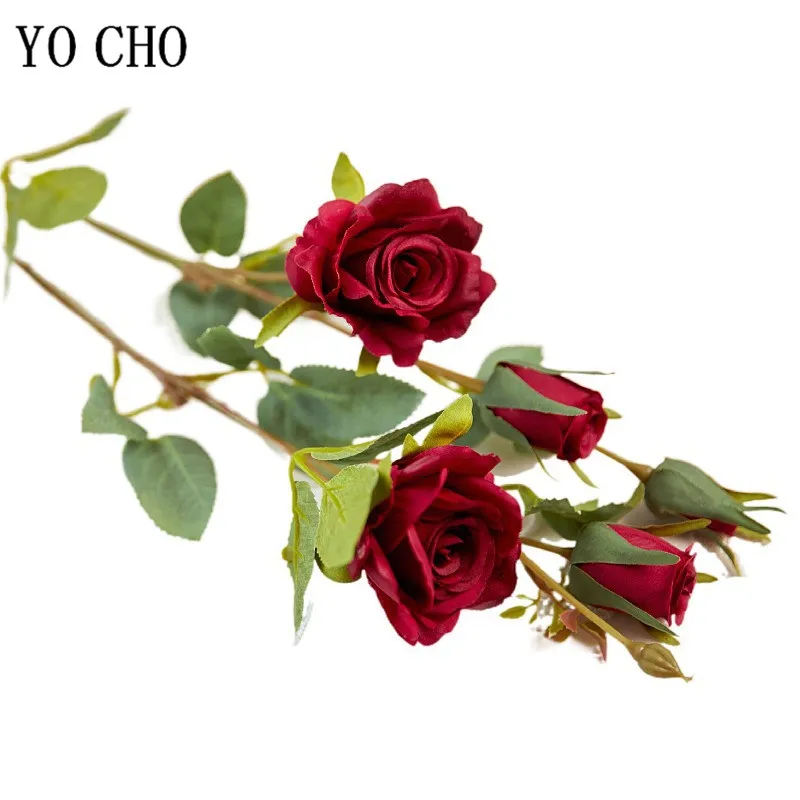 YO CHO Künstliche Rosenblumen aus Seide, hochwertige Kunstblumen, langer Zweig, 5 Köpfe, Hochzeit, Flores, Valentinstag, Heimdekoration – Detail 12