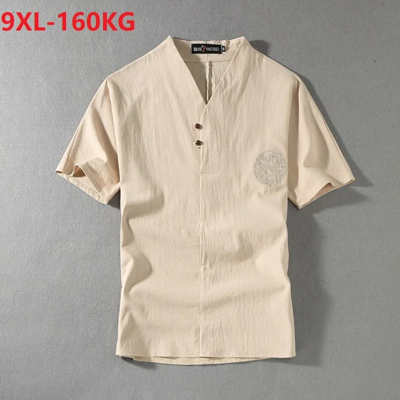 

summer Men T-shirt short sleeve homewear linen cotton Chinese style plus size 7XL 8XL 9XL vintage v-neck tees button tshirt 70