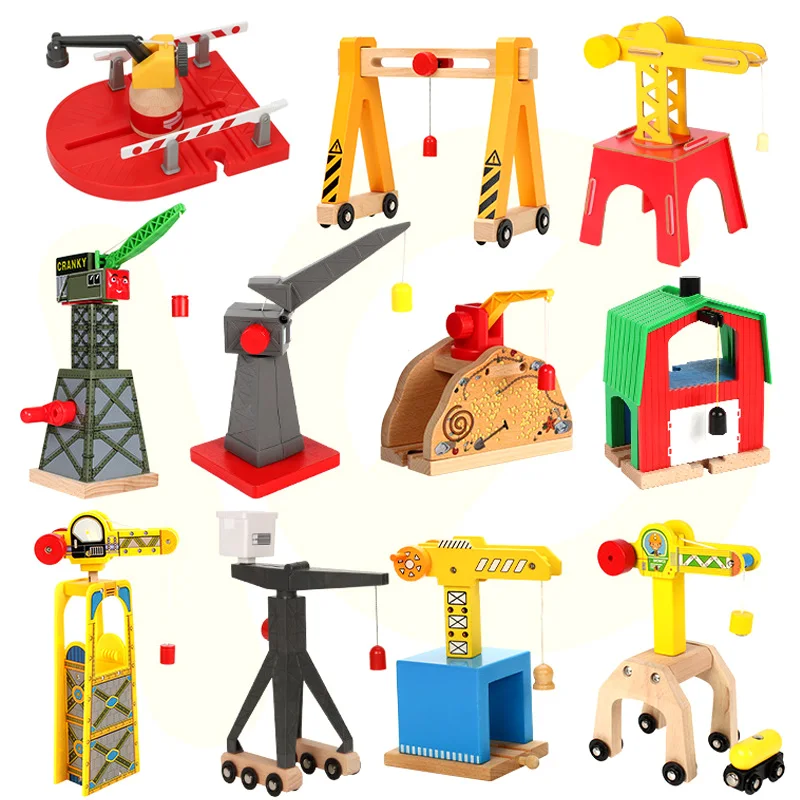 Todo tipo de grúa tierna de madera, accesorios magnéticos para vías de tren, Compatible con todas las marcas, pista de madera, juguetes educativos