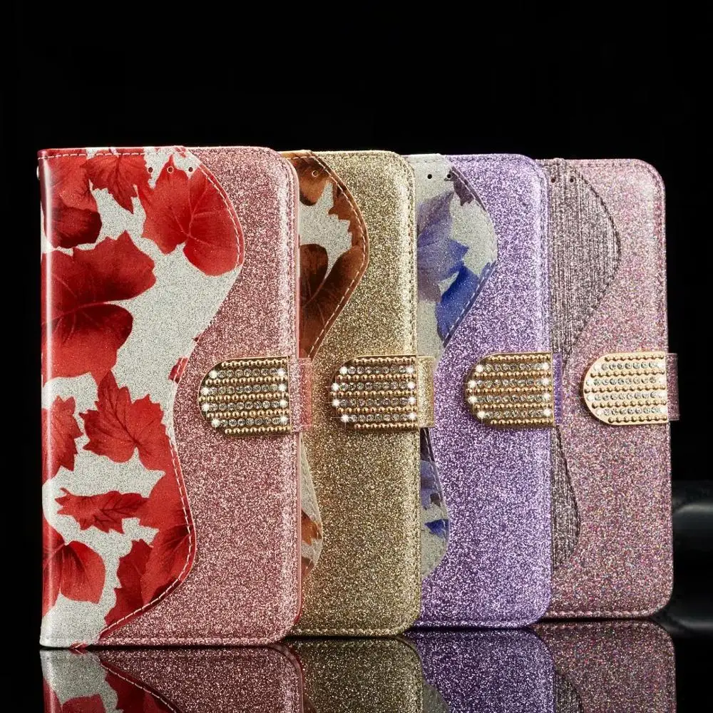 

Waistline Leaves Glitter Bling Case For iPhone 11 Pro max XR XS MAX 6 8 PLUS Case Jewell Flip Leather Wallet Card Cover