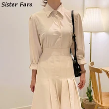 

Sister Fara Spring Autumn Lapel Pleated Dresses for Women's Single-breasted Lace Up Dress Elegant Ladies Ankle-Length Dresses