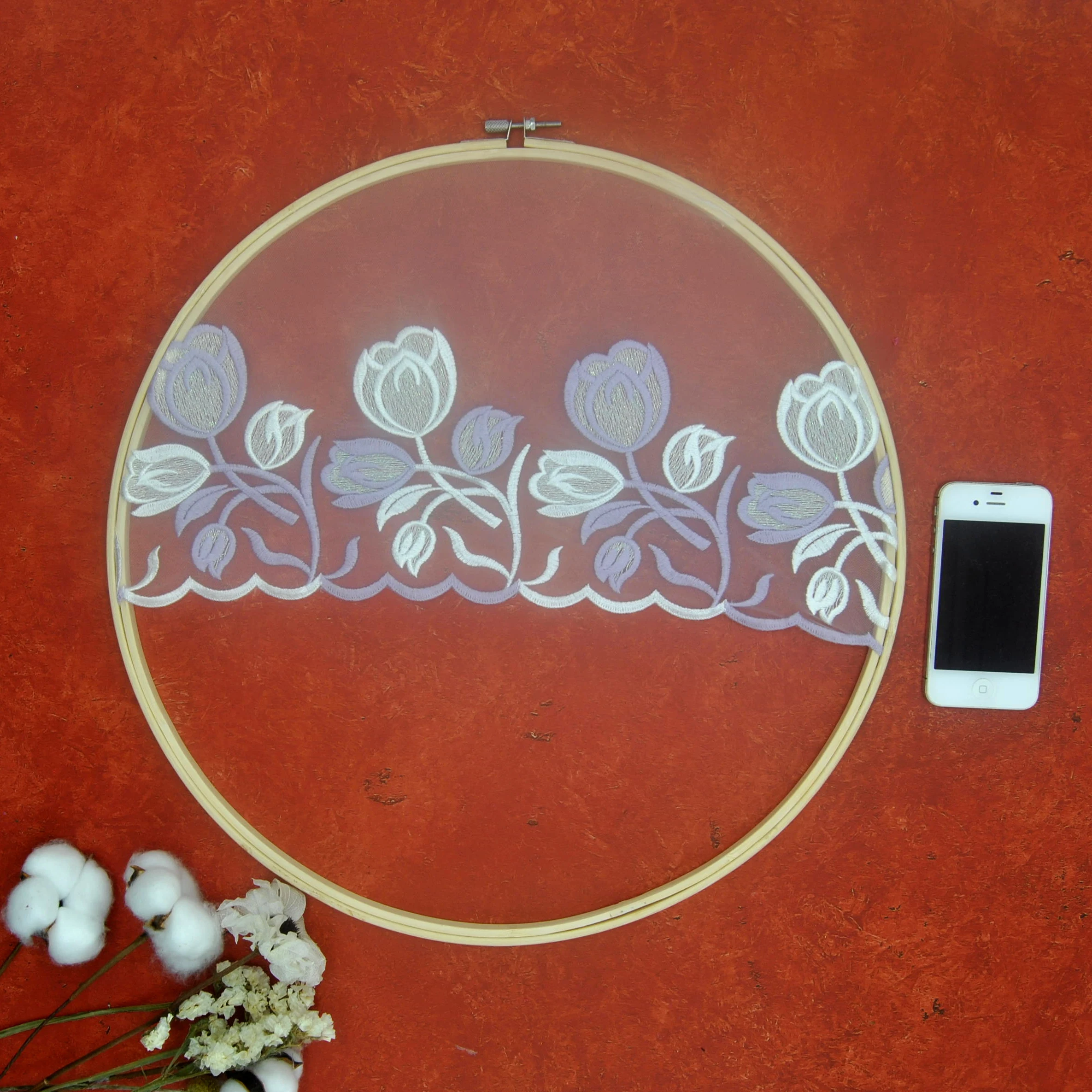 

Nature Round Wall hanging Dream White Lace Catcher Wedding Background Wall Decor tulip flowers embroidery No.QX417212C