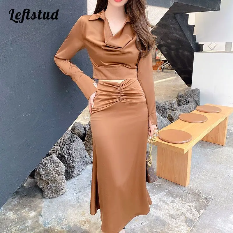 Acetate brown vintage light cooked lapel shorts shirt 2022 spring pleated high waist fishtail skirt two-piece suit women