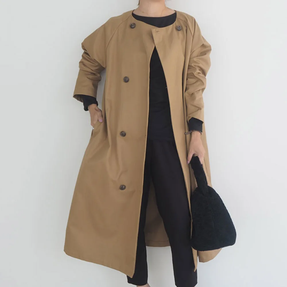 

Elegant Trench Coat Women Autumn Spring Solid Khaki Double Breasted Korean Office Ladies Long Coats Rerto Windbreaker Outwear