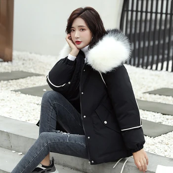 

Solid Winter Fur Hooded Down Coats Women Plus Size Pocket Zipper Thicken Parka Jackets Female Korean Cotton Coat Loose Outwears